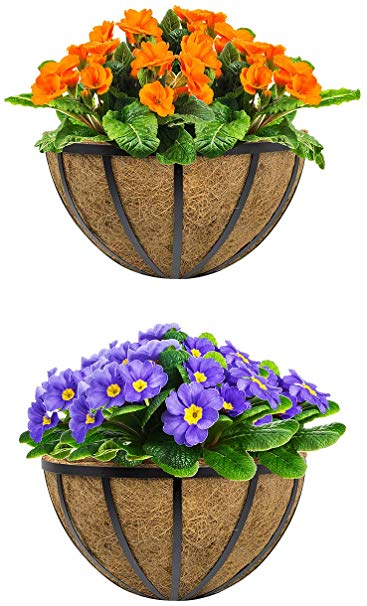 Sorbus Half Moon Wall Planter Baskets with Coco Liner, Vertical Garden Wall Hanging Planters for Flowers, Plants, etc, Decorative for Fence, Rail, Patio, Deck, Black Metal (Half Planter - 13.75”)