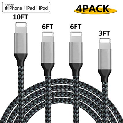 Phone Charger Cable Juzihao[4Pack 3FT 6FT 6FT 10FT] Extra Long Nylon Braided Cord Compatible with Phone Data Sync Compatible Phone X/8/8p/7/7p/6/6s/6p/5/5s,Pad Mini/Air/Pro/Pod Touch