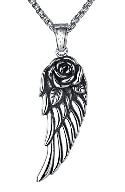 Stainless Steel Rose Angel Wing Pendant Necklace, Unisex, 24" Link Chain, aap023