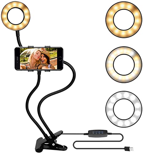 Two in One Selfie Ring Light with Cell Phone Holder Stand for Live Stream Makeup, LED Camera Lighting with Flexible Arms Compatible with iPhone Android Smartphones