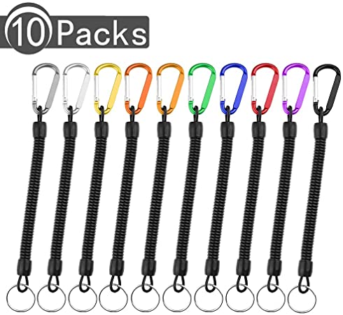 Chenkaiyang 10 PCS Fishing Lanyards Bungee Coil Cord with Color Carabiner Retractable Key Chain Spring Key Holder for Keys Backpack Wallet Cellphone