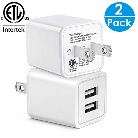 USB Wall Charger, SEGMOI® 5V/2.1A ETL Certified Dual Port USB Wall Charger Plug Brick Power Adapter Charging Block Cube Box Replacement for Mobile Phone &Tablet (2Pack-White)