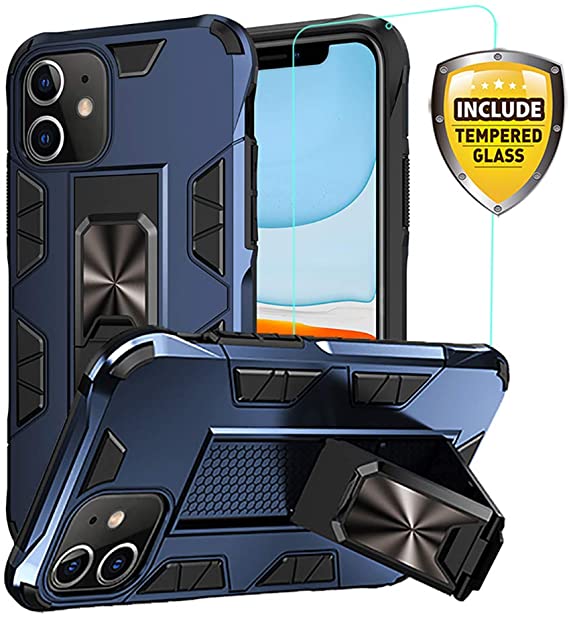 for iPhone 11 Case 6.1 inch with Screen Protector Dual Layer Soft Flexible TPU Hard Shell Military Grade Full-Body Rugged with Kickstand Car Mount Protective Cover Cases for iPhone 11 (Blue)