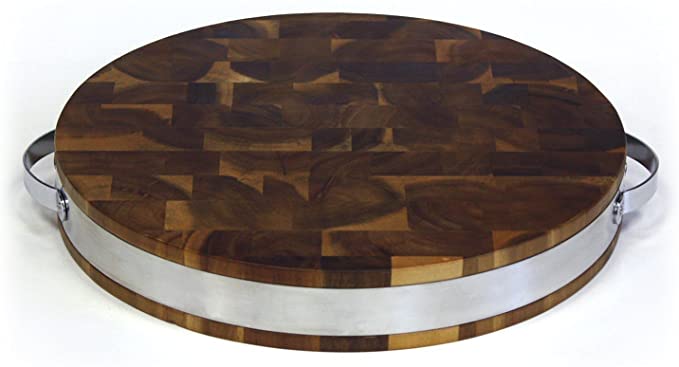 Mountain Woods Brown Extra Thick Acacia Hardwood End Grain Round Cutting Board w/Stainless Steel Band | Butcher Block | Wood Chopping Board | Carving Board - 15" x 15" x 2"