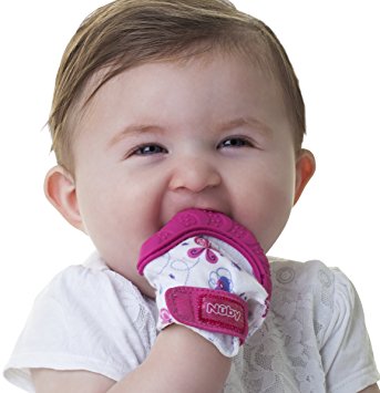 Nuby Happy Hands Soothing Teething Mitten with Hygienic Travel Bag, Pink