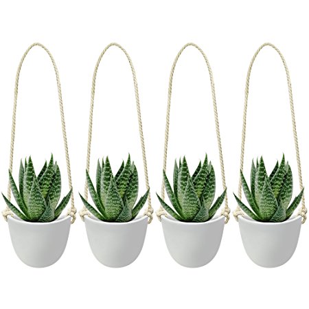 Nellam Ceramic Hanging Planters - Modern White Porcelain Containers - 4 pcs Decorative Pots for Indoor & Outdoor Use - Wall Decor Vase for Garden Flowers, Herbs, Plants and Succulents