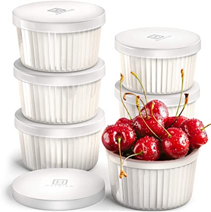 Hatrigo Porcelain Ramekins with Silicone Storage Lids, Set of 6 White Color, 10 oz Oven Safe to 450 deg F, Dishwasher Safe