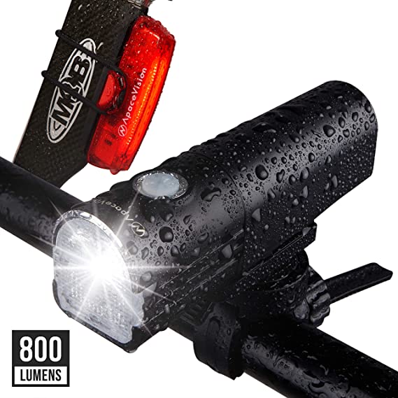 800 Lumens Bike Light Set USB Rechargeable by Apace - Powerful LED Bicycle Headlight & Tail Light Combo - Super Bright IPX6 Waterproof MTB Road Commuter Front and Back Cycle Lights