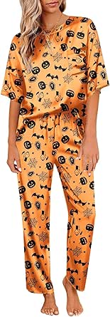 Ekouaer Womens Satin Silky Pajama Set Short Sleeve Shirt with Long Pajama Pant Set Soft PJ Loungewear