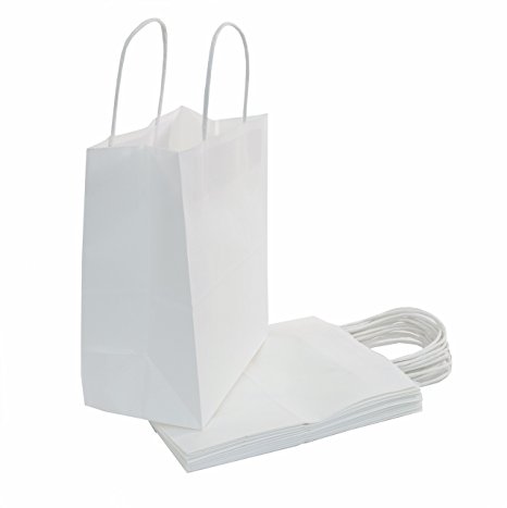 50 Count - White Kraft Paper Bags with Handles - Perfect Solution for Baby Shower, Birthday Parties, Boys and Girls Gifts, Shopping, Restaurant takeout and Shop Owners - Size (8"x4.75"x10")