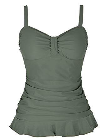 Hilor Women's 50's Retro Ruched Tankini Swimsuit Top with Ruffle Hem