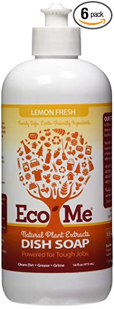 Eco Me Natural Environmentally Friendly Sudsing Liquid Dish Soap, Healthy Lemon Fresh Scent, 16 Ounce Bottle, Pack of 6