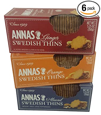 Annas Swedish Thins Assortment, Six 5.25oz boxes, 2 each of 3 flavors, 2 Ginger, 2 Orange & 2 Almond Thins