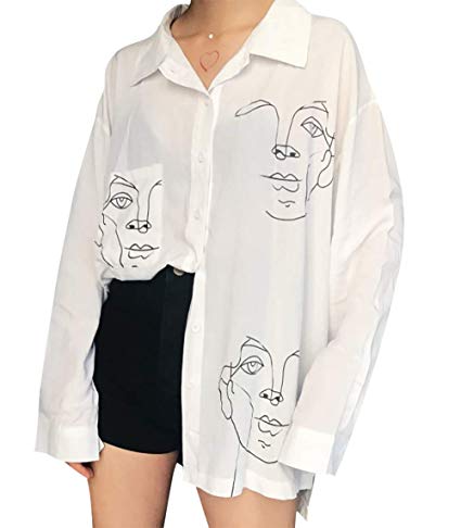 Women's Graphic Printed Cartoon Portrait Long Sleeve Casual Button Down T-Shirt Tops
