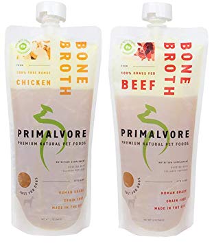 Primalvore: Organic Bone Broth for Dogs & Cats (12 Oz) - Grass Fed Beef or Free Range Chicken Flavors - Human Grade - Support Digestion, Mobility, Shiny Coat & Nails - Added Collagen & Turmeric