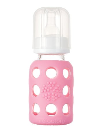 Lifefactory 4-Ounce Glass Baby Bottle with Silicone Sleeve and Stage 1 Nipple Pink