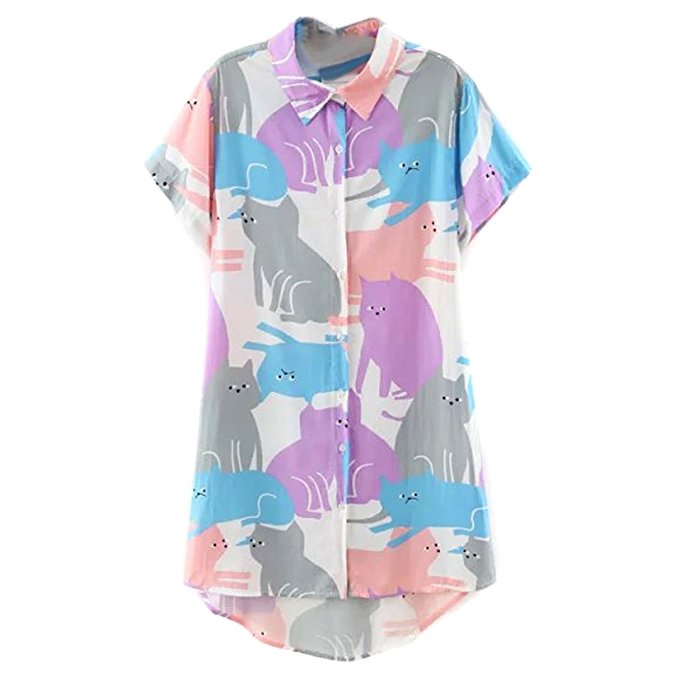 ABADAY Multicolor Cartoon Cat Print Short Sleeve Longline Shirt