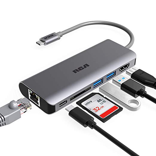 USB C Hub, RCA 6 in 1 Type C Hub with Ethernet, 4K HDMI, 2 USB 3.0 Ports, SD Card Reader, USB C Power Delivery, Portable Hub for Macbook Pro and Other Type C Laptops