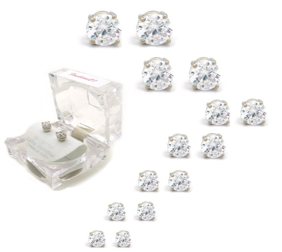 Silver Tone 4,5,6,7,8,9,10mm Clear Round Shape Cubic Zirconia Magnetic Stud Earring (All Size)