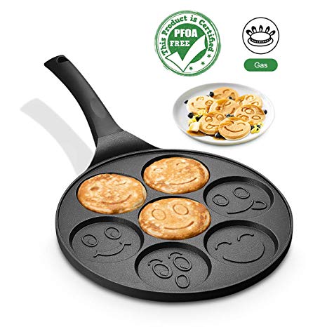 FRUITEAM Smiley Face Pancake Pan Nonstick Griddle 10 Inch Pancake Maker Mini Pancake and Flapjack 7 Mold Funny Emoji Blini Pan for Children Gifts from Mom