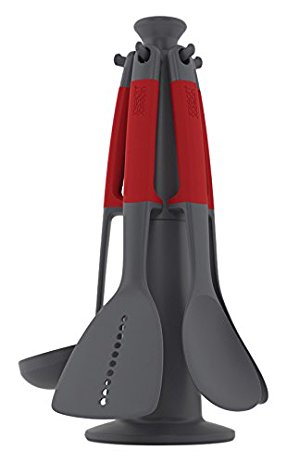 Joseph Joseph 10463 Elevate Carousel Nylon Kitchen Utensil Set with Rotating Storage Stand, 5-piece, Red