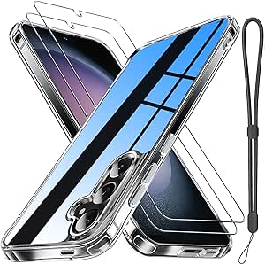 Janmitta for Samsung Galaxy S24 Case with Screen Protector[2 Pack],Slim Fit Thin Transparent Rugged Tough Hard Cover with Wrist Strap Lanyard,2024 Crystal Clear