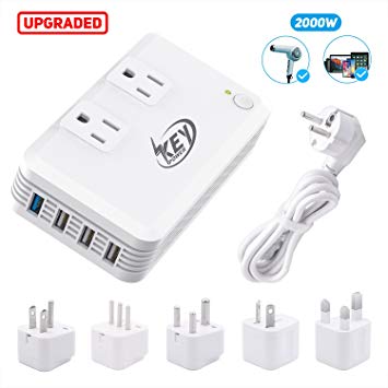 Key Power 2000-Watt Step Down 220V to 110V Voltage Converter & International Travel Adapter Plugs - [Use for USA High-Wattage appliance overseas] (Upgraded with Advanced Multiple Protections)