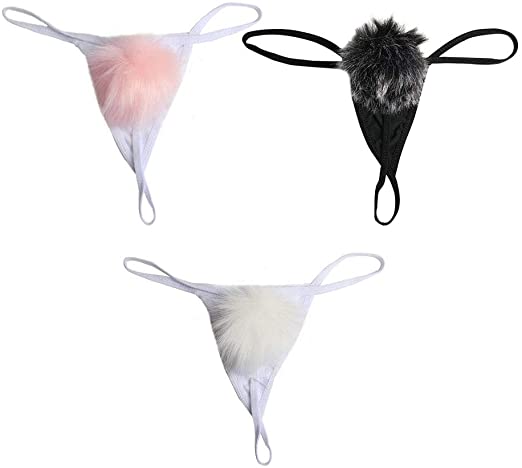 Acxico 3 pcs sexy fur ball thong sexy open file rabbit ball (pink/white/black each)