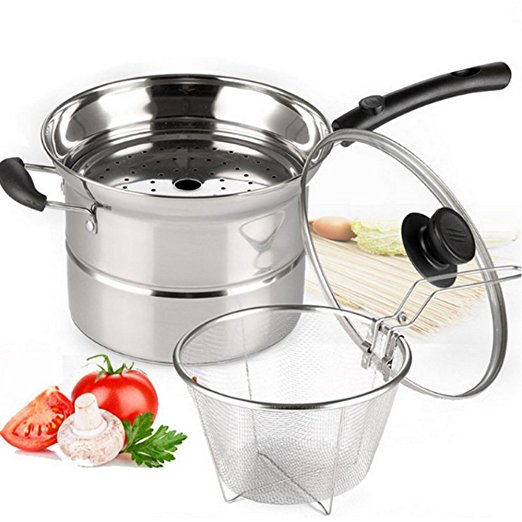 4-piece Pasta Pot Set,Sauran Stainless Steel Durable Sauce Pot with Steamer and Strainer Insert,Multi-purpose Pots with Double-bottom