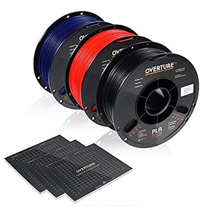 OVERTURE PLA Filament 1.75mm with 3D Build Surface 200mm × 200mm, 3kg PLA Multipack (2.2 lbs/Spool), Dimensional Accuracy  /- 0.05 mm, Fit Most FDM 3D Printers, Black   Blue   Red