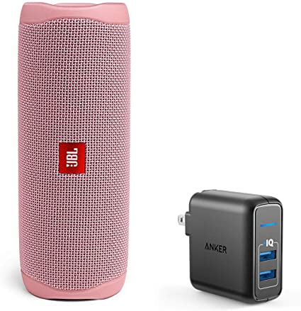 JBL Flip 5 Waterproof Portable Wireless Bluetooth Speaker Bundle with 2-Port USB Wall Charger - Pink