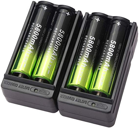 4 PCS 18650 5800mAh Li-ion 3.7V Rechargeable Battery & 2 PCS Dual Smart Battery Chargers for Flashlight Headlamp