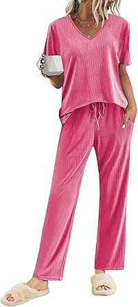 Ekouaer Womens Ribbed Knit Lounge Set Short Sleeve Top and Long Pants Sleepwear Pajama Set Two Piece Matching Outfits Set