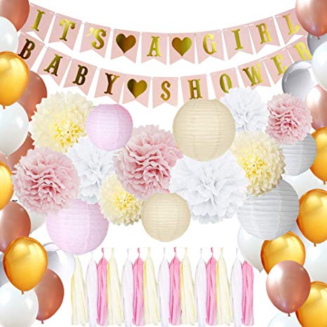 Girls Baby Shower Decorations for Girl Pink and Gold Baby Shower Pink Party Decorations Including Latex Balloons Tassels Pom Poms Paper Lantern and Baby Girl Banner
