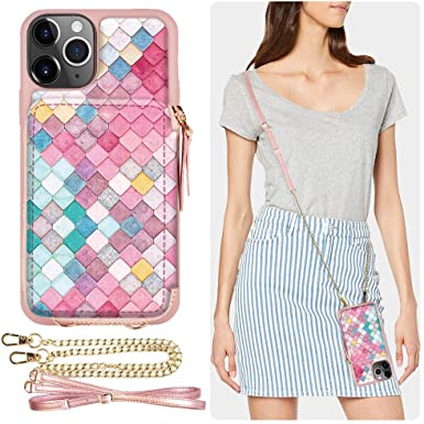 iPhone 11 Pro Max Wallet Case, ZVE iPhone 11 Pro Max Credit Card Holder Case with Crossbody Chain Handbag Purse Zipper Leather Case Protective Cover for Apple iPhone 11 Pro Max 6.5 inch - Mermaid Wall