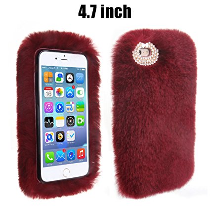 IPhone 6 Case, Veatool Luxury Stylish Fluffy Bling Rex Rabbit Fur Handmade Decorative Cover Case for iPhone 6s (4.7 inch) - Red Wine