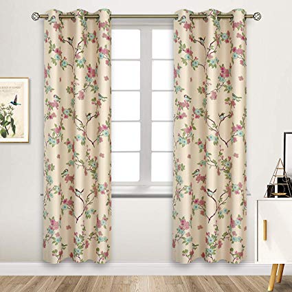 BGment Bedroom Room Darkening Blackout Curtains -Lucky Bird Vintage Printed Window Drapes with Flower Patterns, Metal Grommets Top, 2 Panels (42" Wx84 L, Beige)