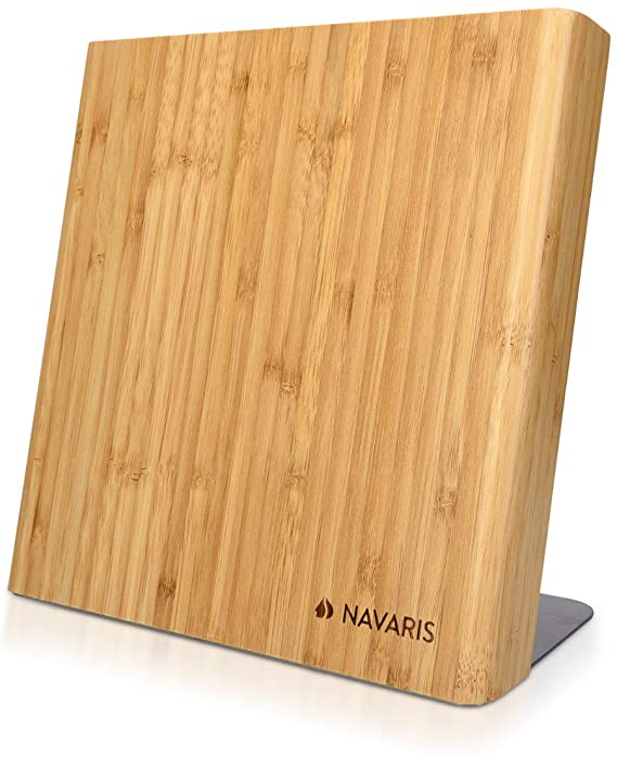 Navaris Wooden Magnetic Knife Holder - Universal Wood Magnetic Block & Organiser for Knives, Scissors, Kitchen Cutlery - Bamboo, 23 x 22.5 cm