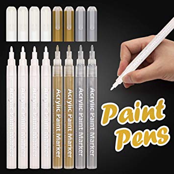 White Paint Pen, 0.8mm Acrylic 4 White, 2 Gold, 2 Silver Permanent Marker Pens for Wood Rock Plastic Leather Glass Stone Metal Canvas Ceramic Marker Extra Very Fine Point Opaque Ink, 8 Pack