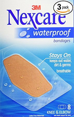 Nexcare Waterproof Bandage, Knee and Elbow, 8-Count Packages (Pack of 3)