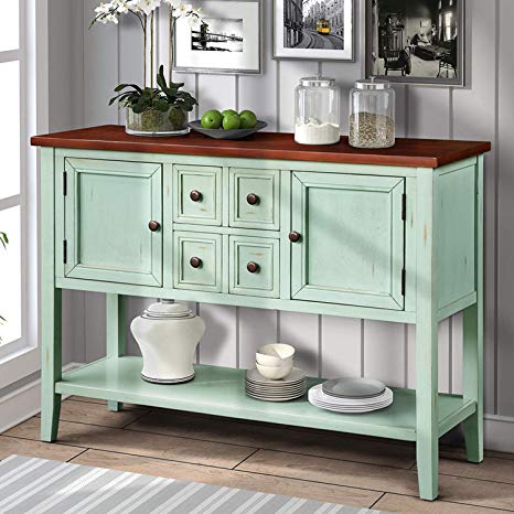 Hooseng Console Buffet Sideboard Sofa Table with 4 Storage Drawers Two Cabinets and Bottom Shelf4, Blue