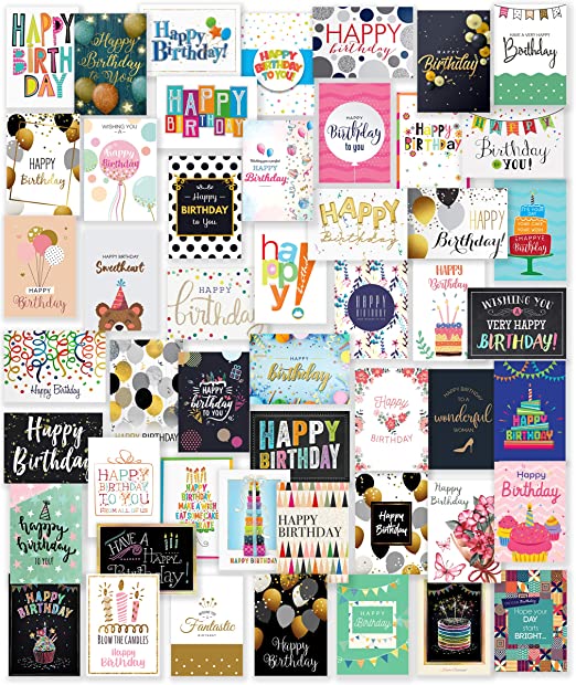 50 Unique Happy Birthday Cards Assortment Large 5x7 Inch with 25 White and 25 Brown Envelopes, Stickers and Generic Birthday Greeting Inside, Thick Cardstock in a Sturdy Box