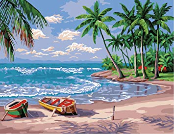 YEESAM ART DIY Paint by Numbers for Adults Beginner Kids, Sea Ship Hawaii Beach 16x20 inch Linen Canvas Acrylic Stress Less Number Painting Gifts
