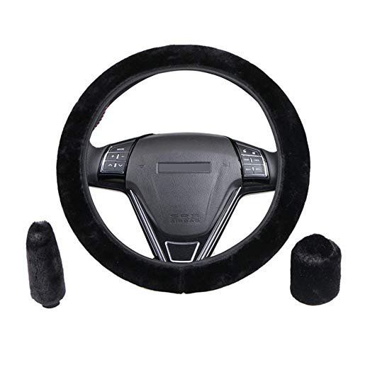 Augoog 3Pcs Winter Warm Plush Steering Wheel Cover Handbrake Cover Gear Shift Cover Car Accessory,Black