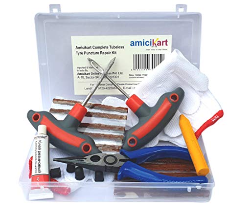 amiciKart Complete Tubeless Tyre Puncture Repair Kit with Box (Nose Pliers   Cutter   Rubber Cement   Extra Strips)