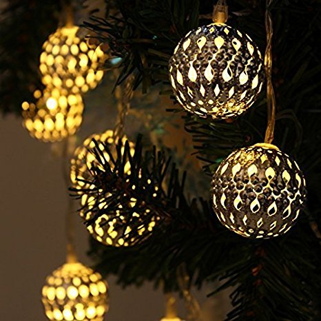 JOJOO 12 LED 12ft Moroccan Solar String Lights Metal Globe Lanterns Ornament Lights for Garden, Wedding, Party, Outdoor and Christmas, Amber LT004