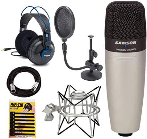 Samson Studio Condenser Mic C01   Samson Microphone Stand   Samson Spider Shock Mount   Professional Studio Headphones   Rip Tie – 7 PK   Mic Cable – Top Value Accessory Bundle