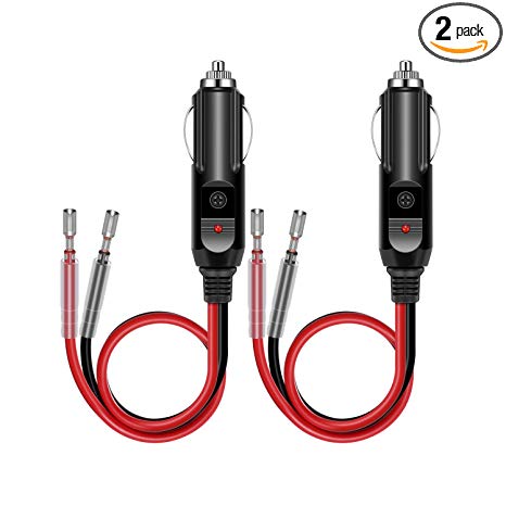 YonHan 2-Pack 12V Fused Replacement Cigarette Lighter Male Plug with Leads & LED Light & Extension Cable