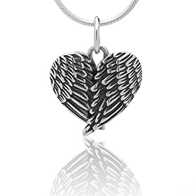 925 Oxidized Sterling Silver Angel Wings Heart Feathers Pendant Necklace, 18 inches - Nickel Free