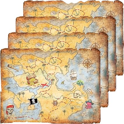 Outus 4 Pieces Treasure Map Party Accessory Gold Mind Treasure Map for Pirate Party Costume Birthday Party Accessory Vintage Retro Style